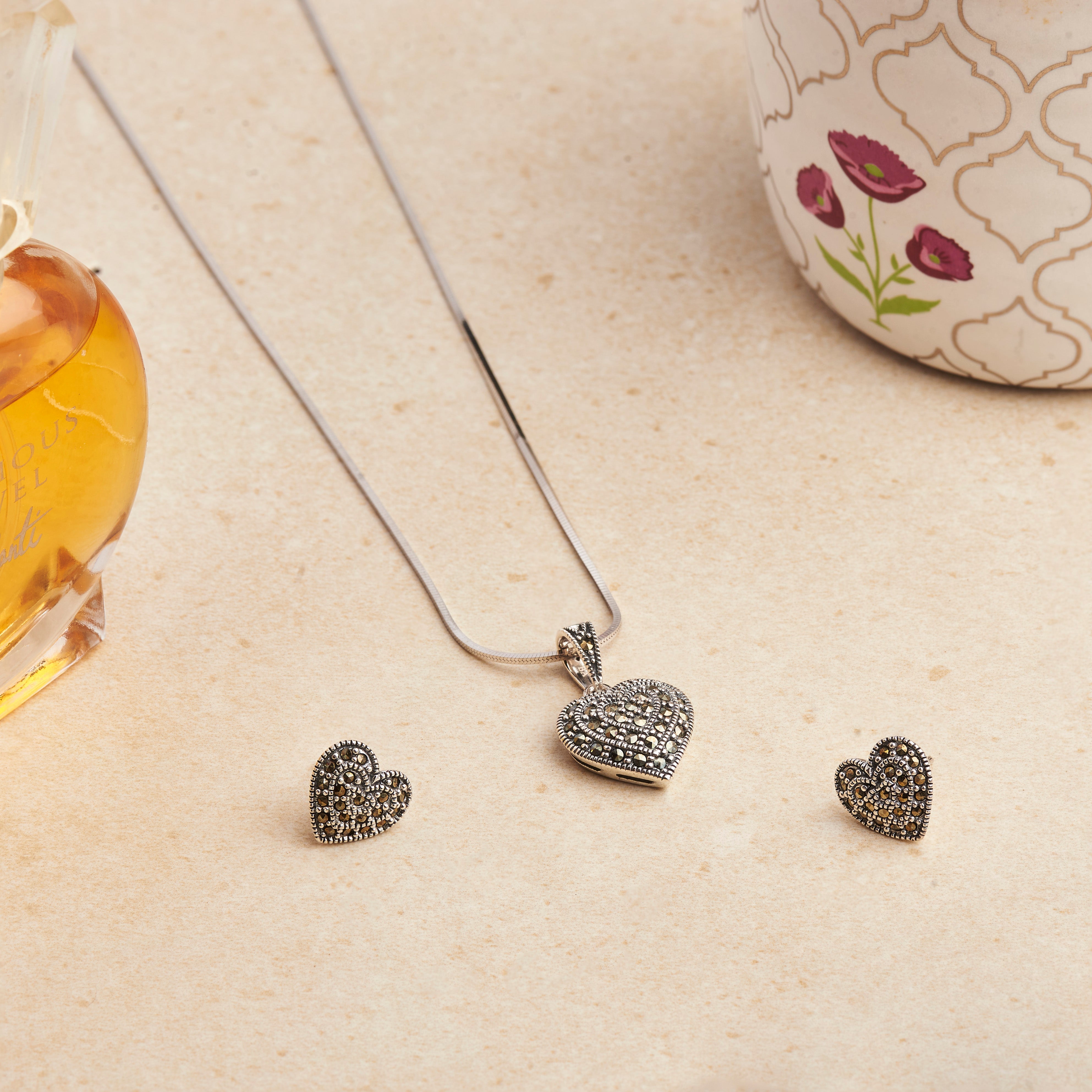 Antique Silver Crystal Heart Necklace Set