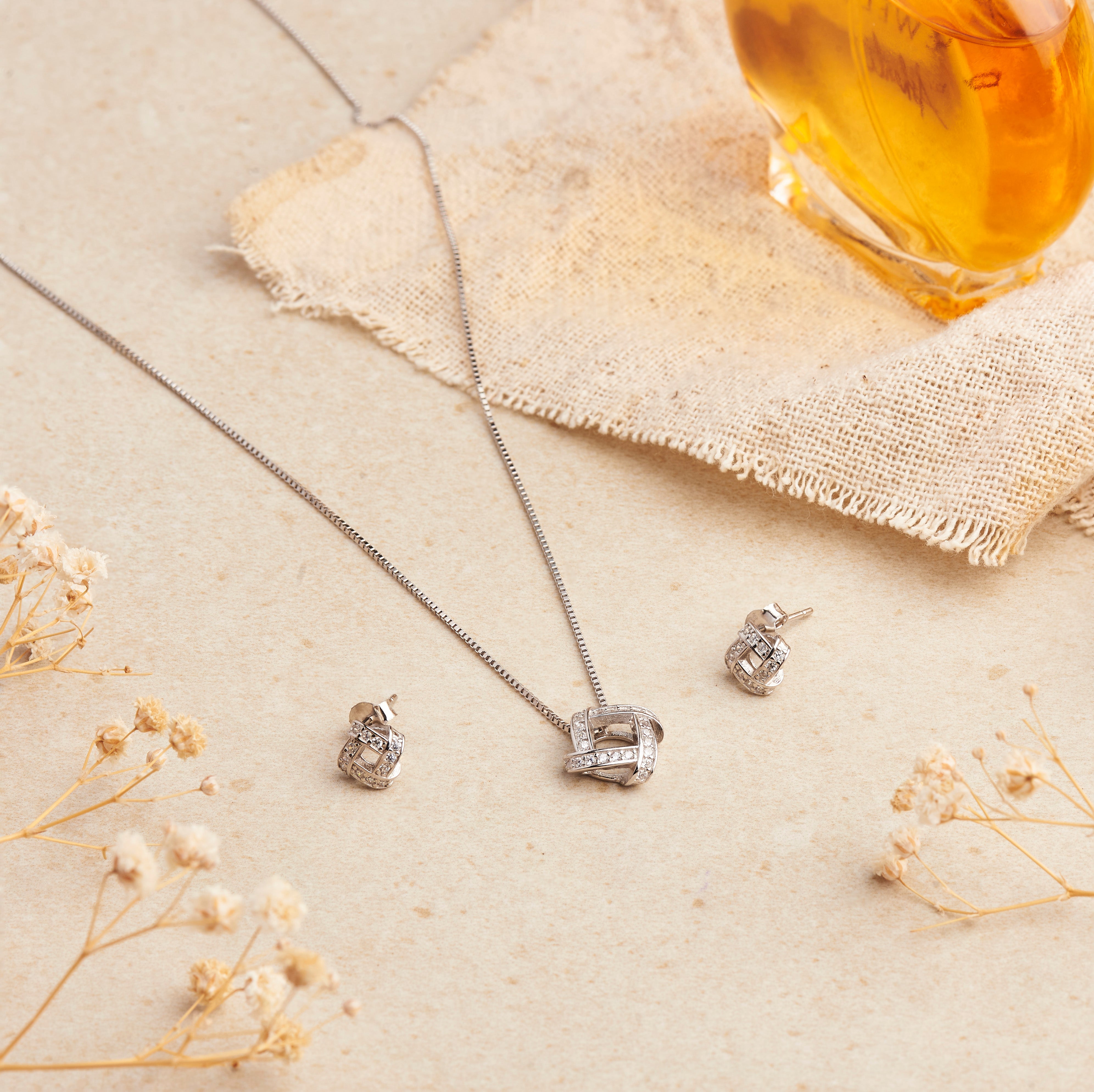 Silver Zircon Loopy Box Necklace Set