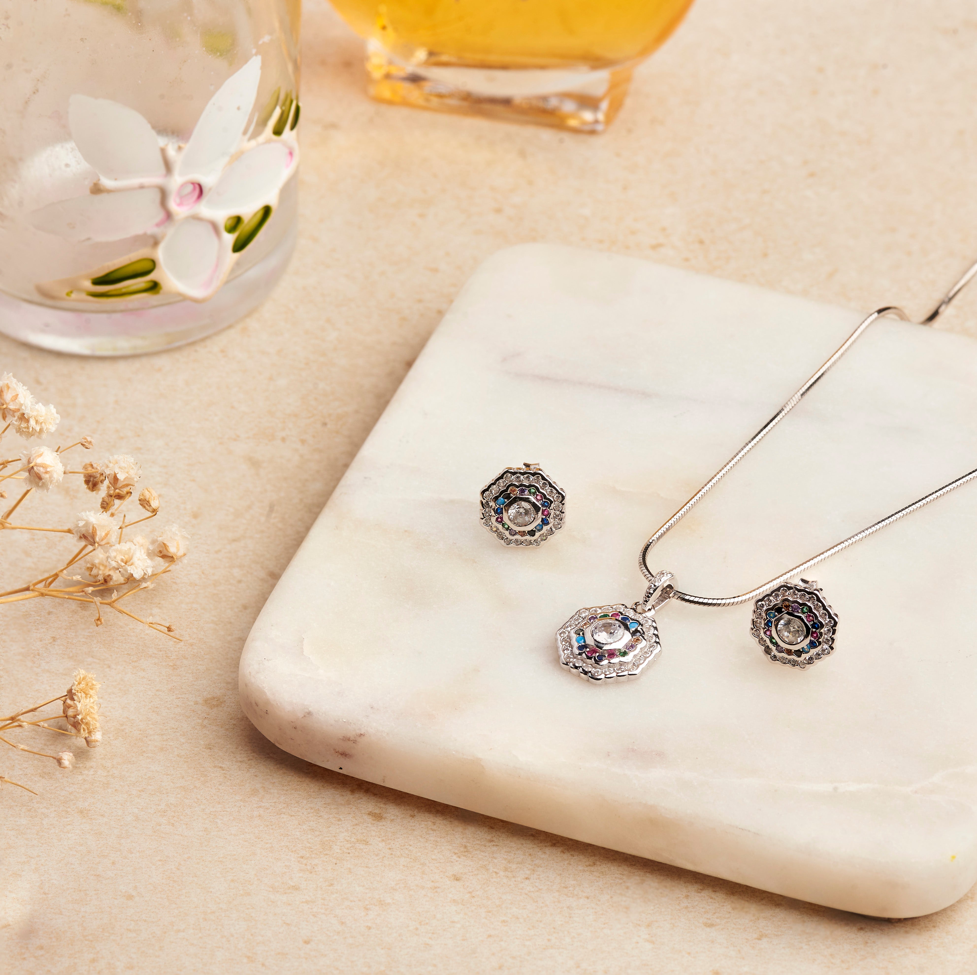 Silver Octagon Rainbow Necklace Set