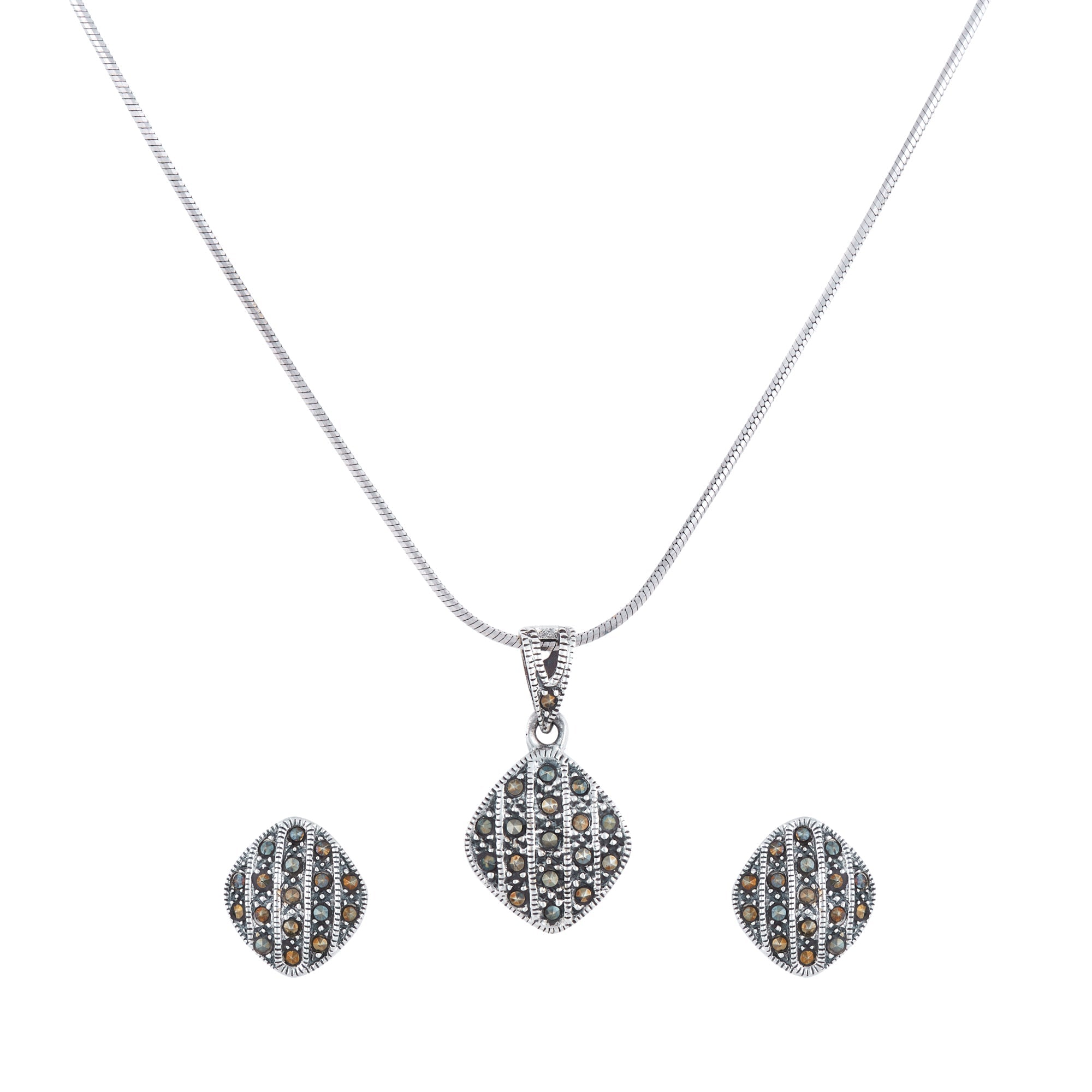 Antique Silver Crystal Stripes Necklace Set
