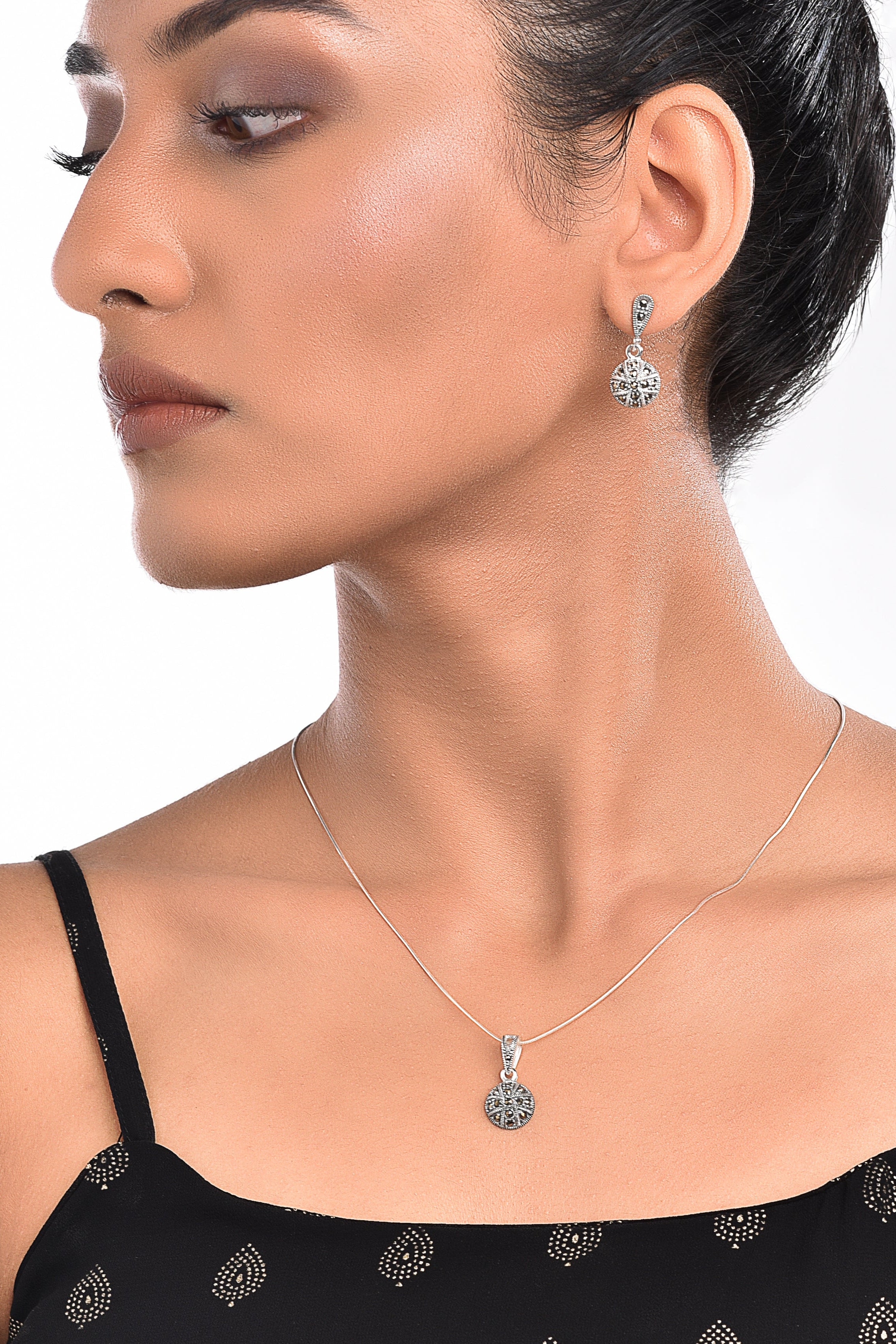 Antique Silver Crystal Dome Necklace Set