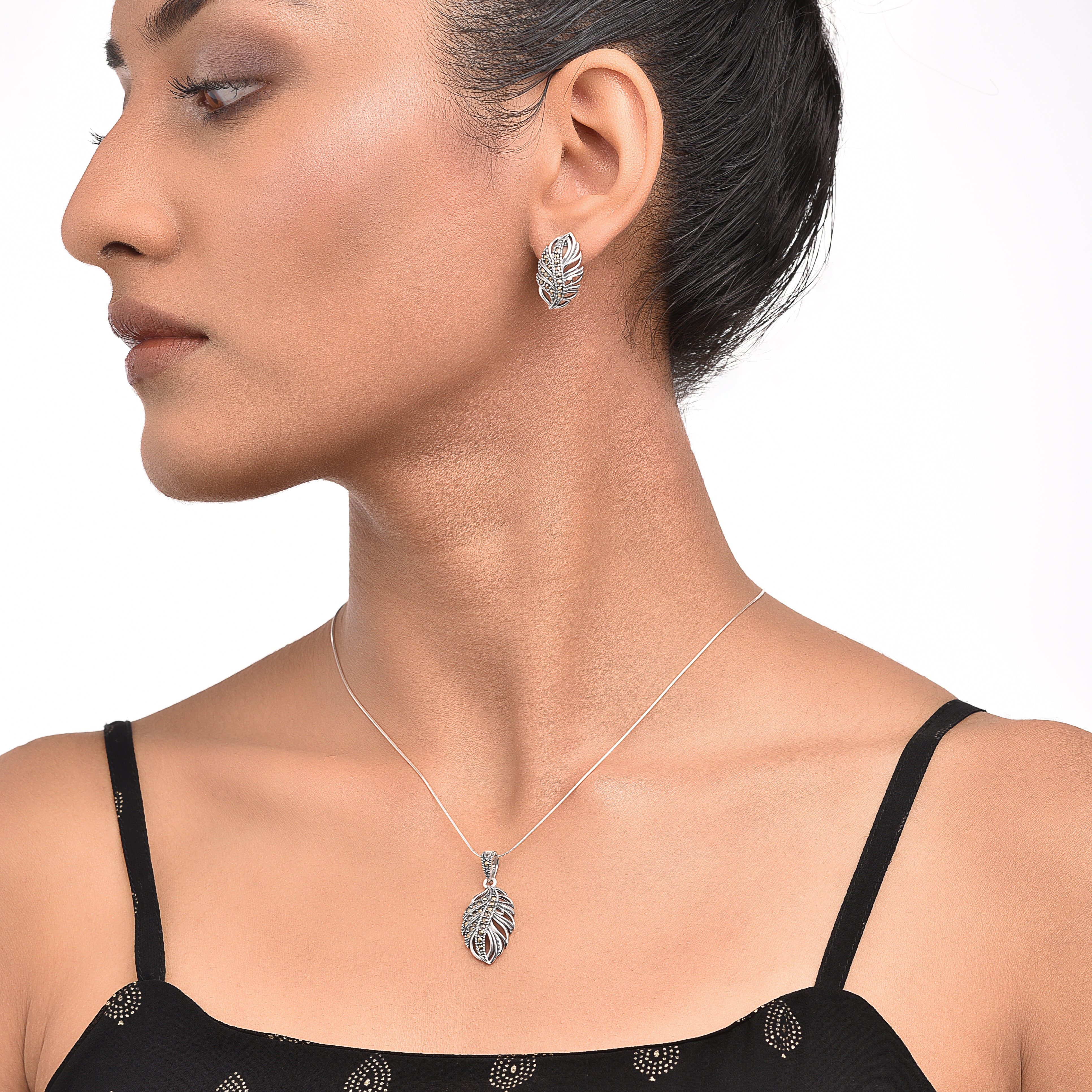 Antique Silver Marcasite Leaf Necklace Set