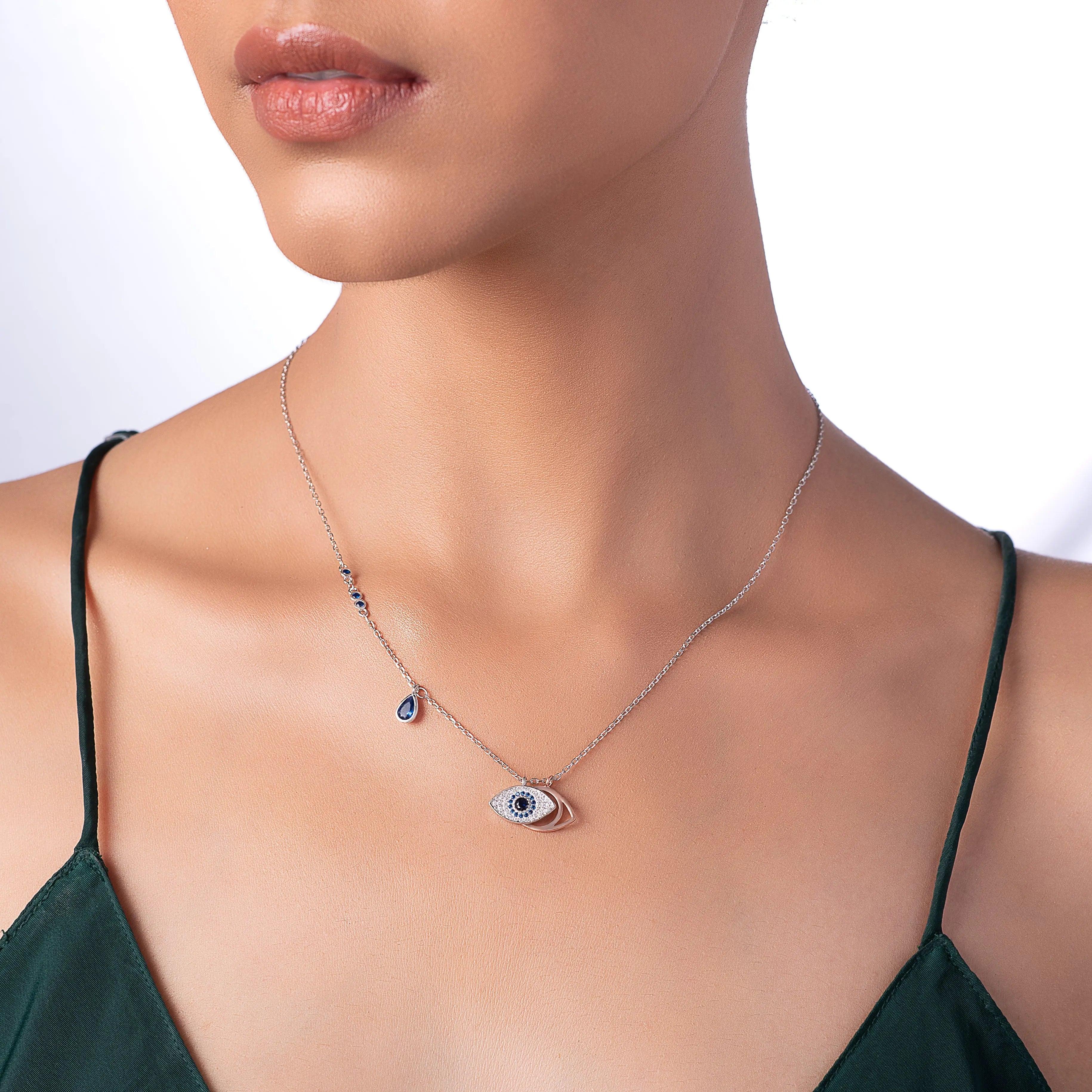 Silver Blue Evil Eye Necklace Dhanaza