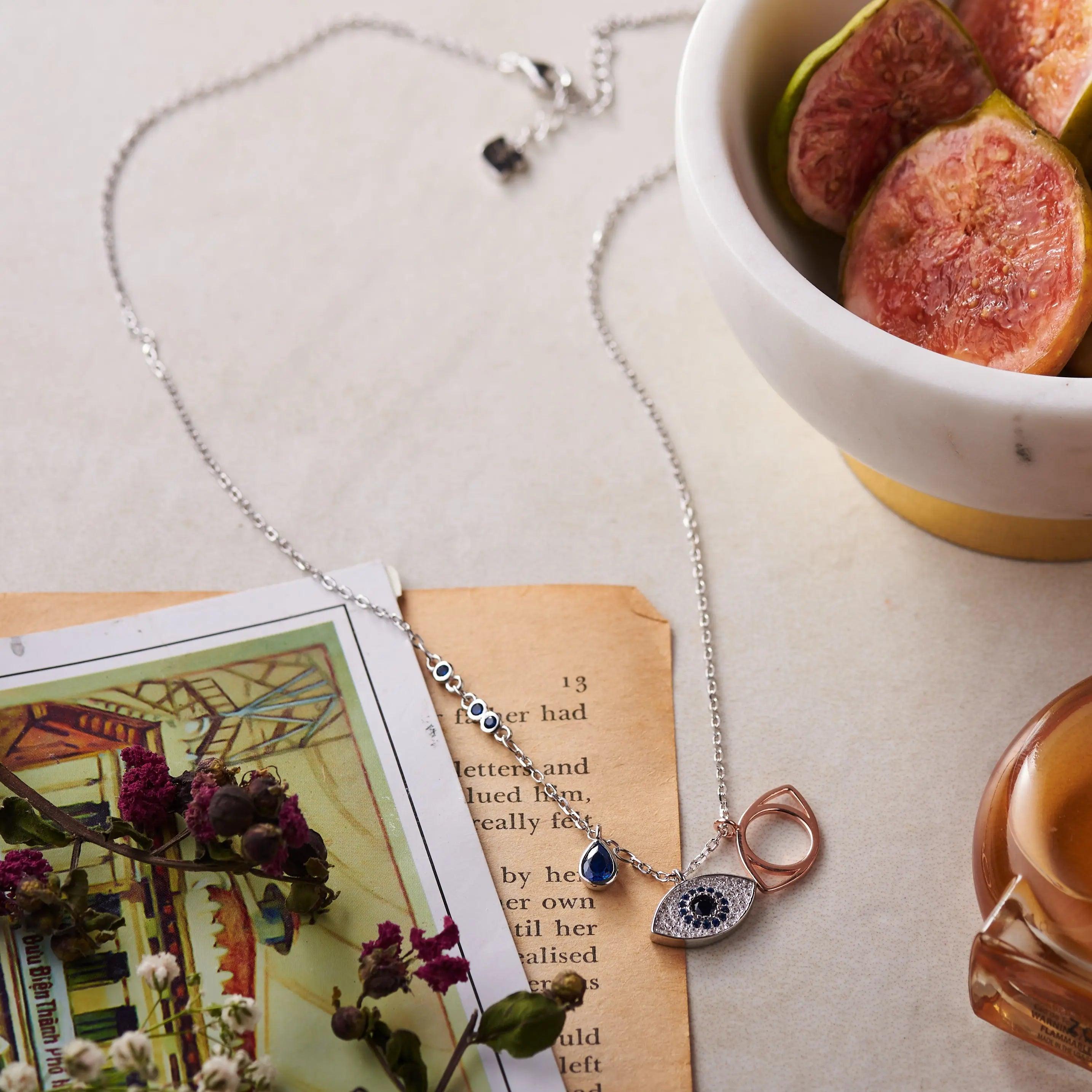 Silver Blue Evil Eye Necklace Dhanaza