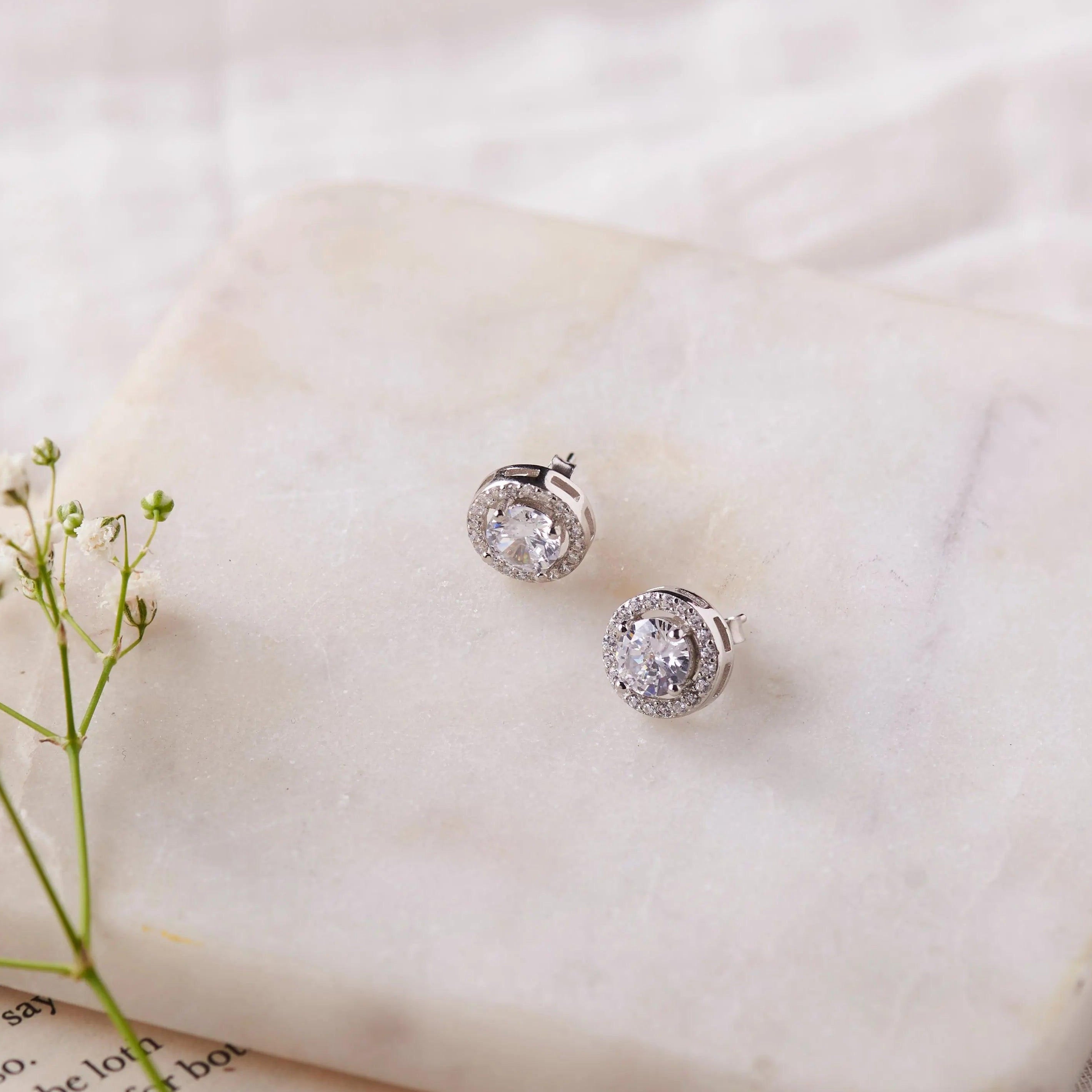 Silver Classic Halo Zircon Studs Dhanaza