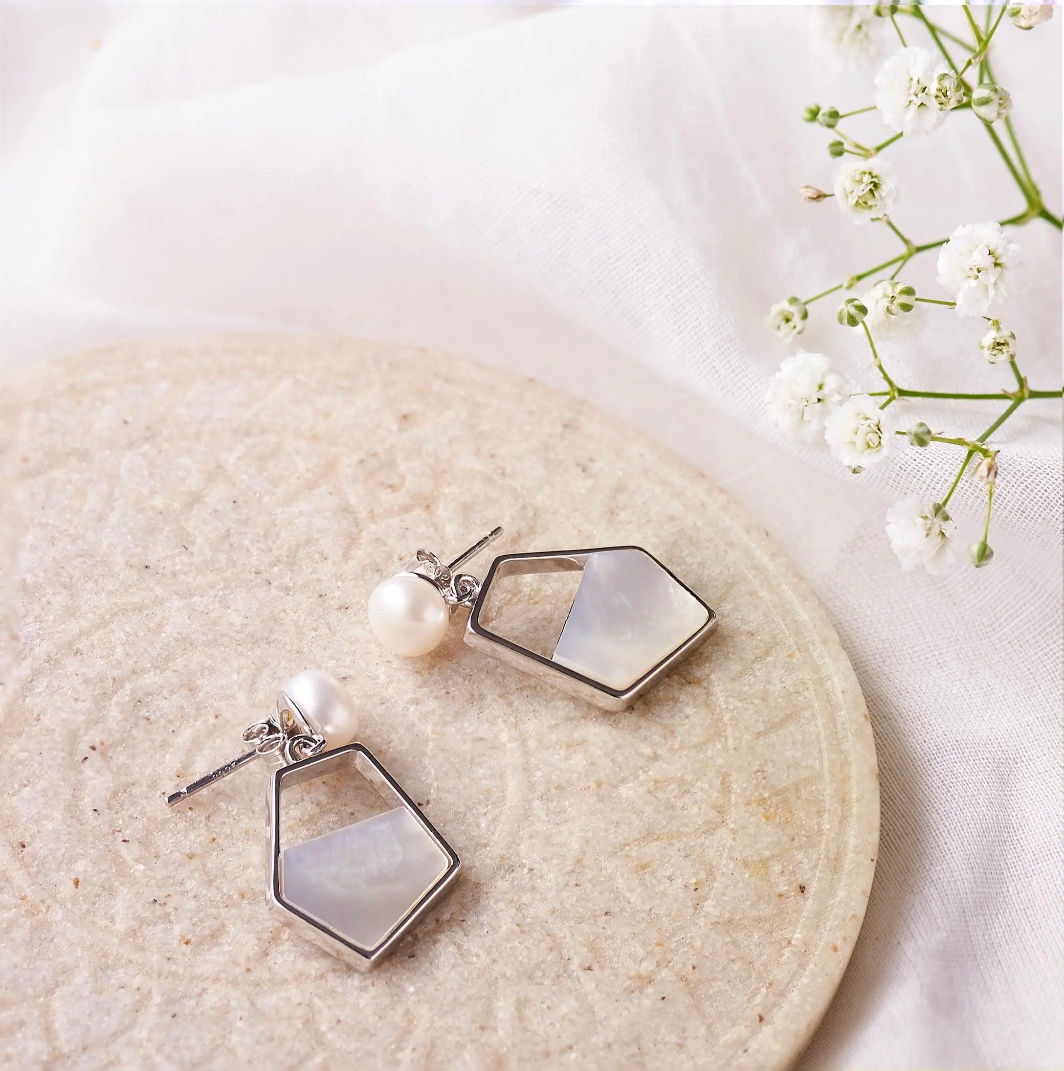 Silver Pearl Pentagon MoonStone Earrings Dhanaza