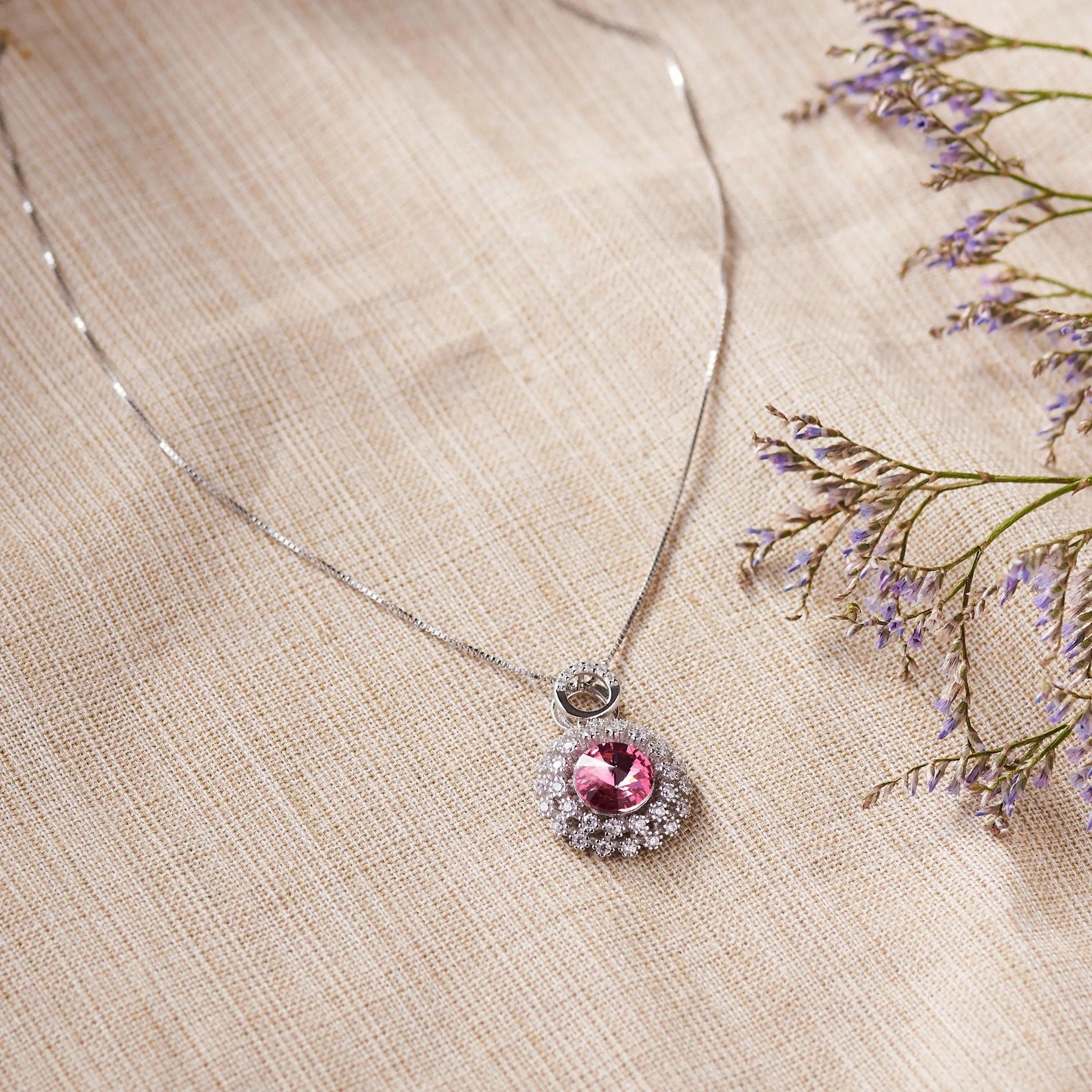 Silver Pink Halo Zircon Necklace Dhanaza