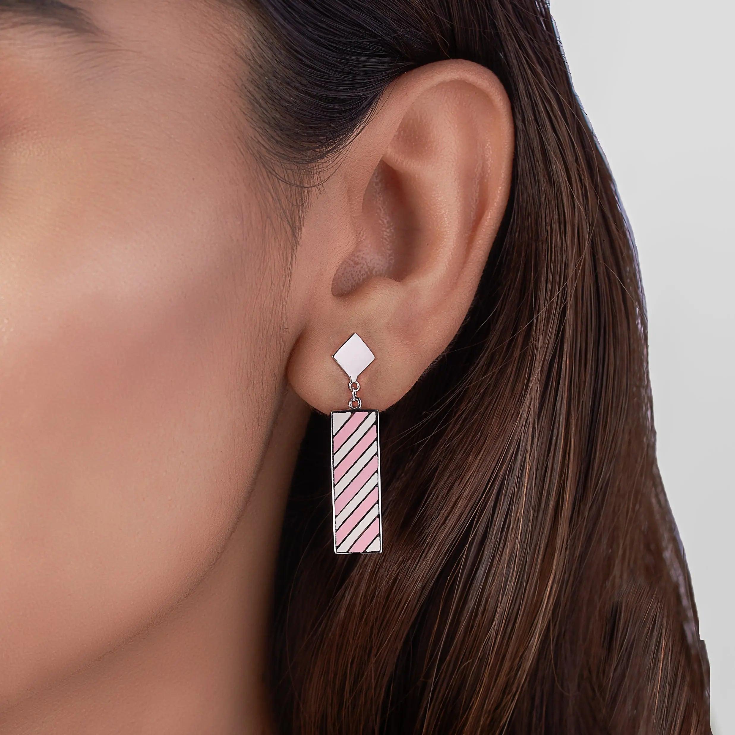 Silver Striped Box Earrings Dhanaza