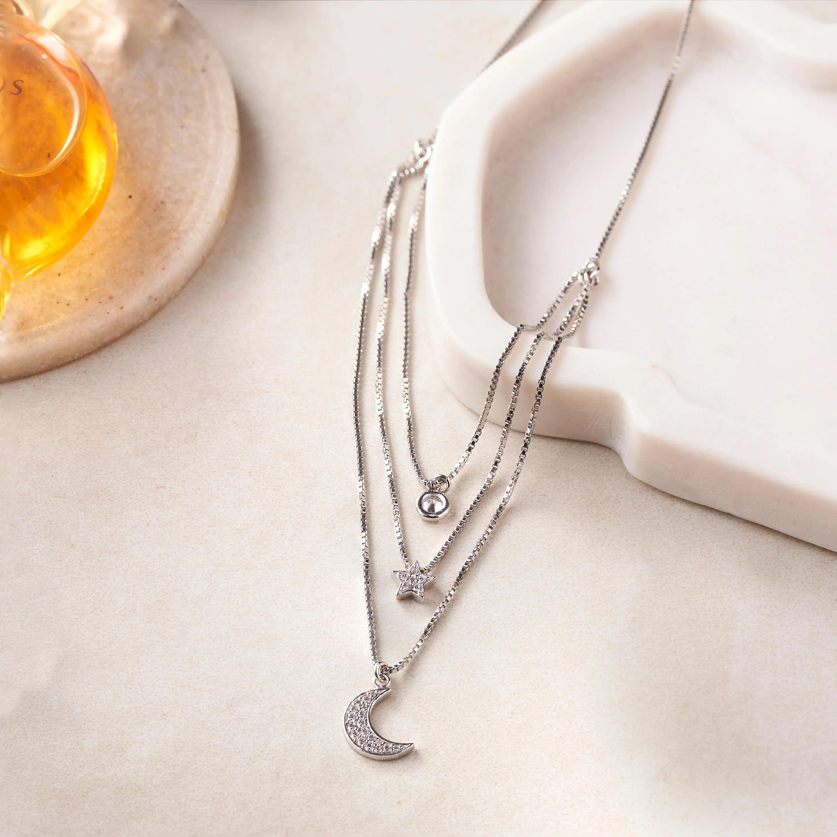 Silver Sun Moon Star Necklace Dhanaza