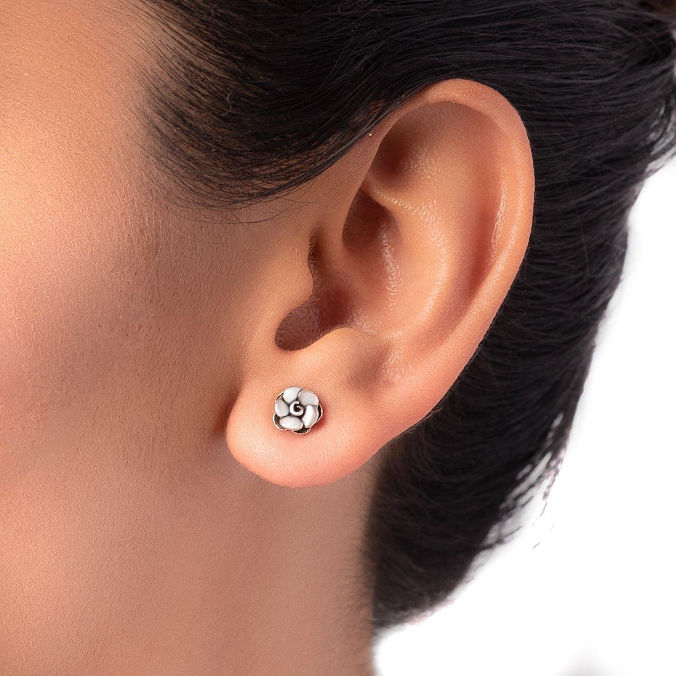 Oxidized Silver 3D Rose Studs (Earrings) Dhanaza
