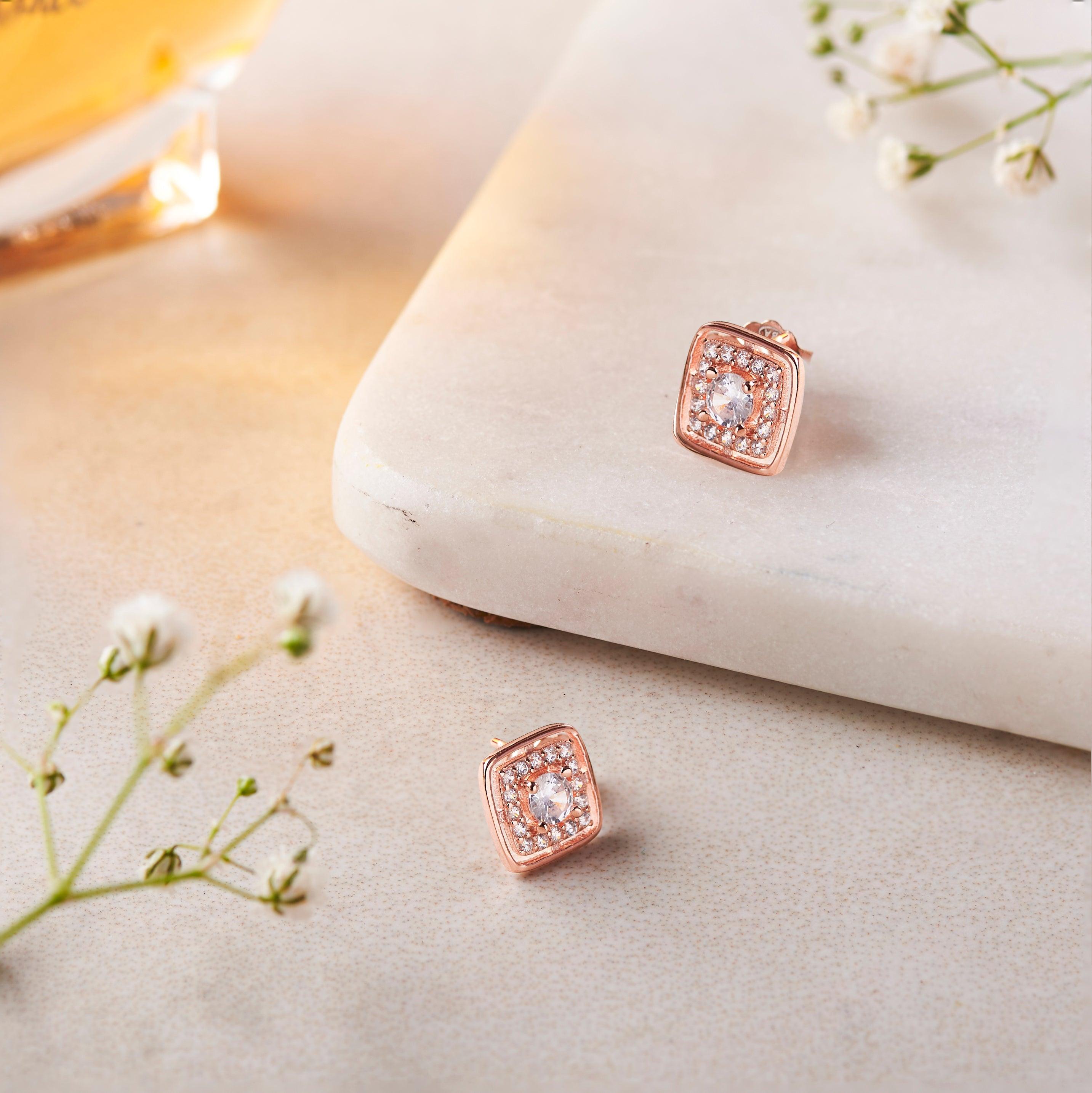 Rose Gold Boxed Zircon Studs (Earrings) Dhanaza