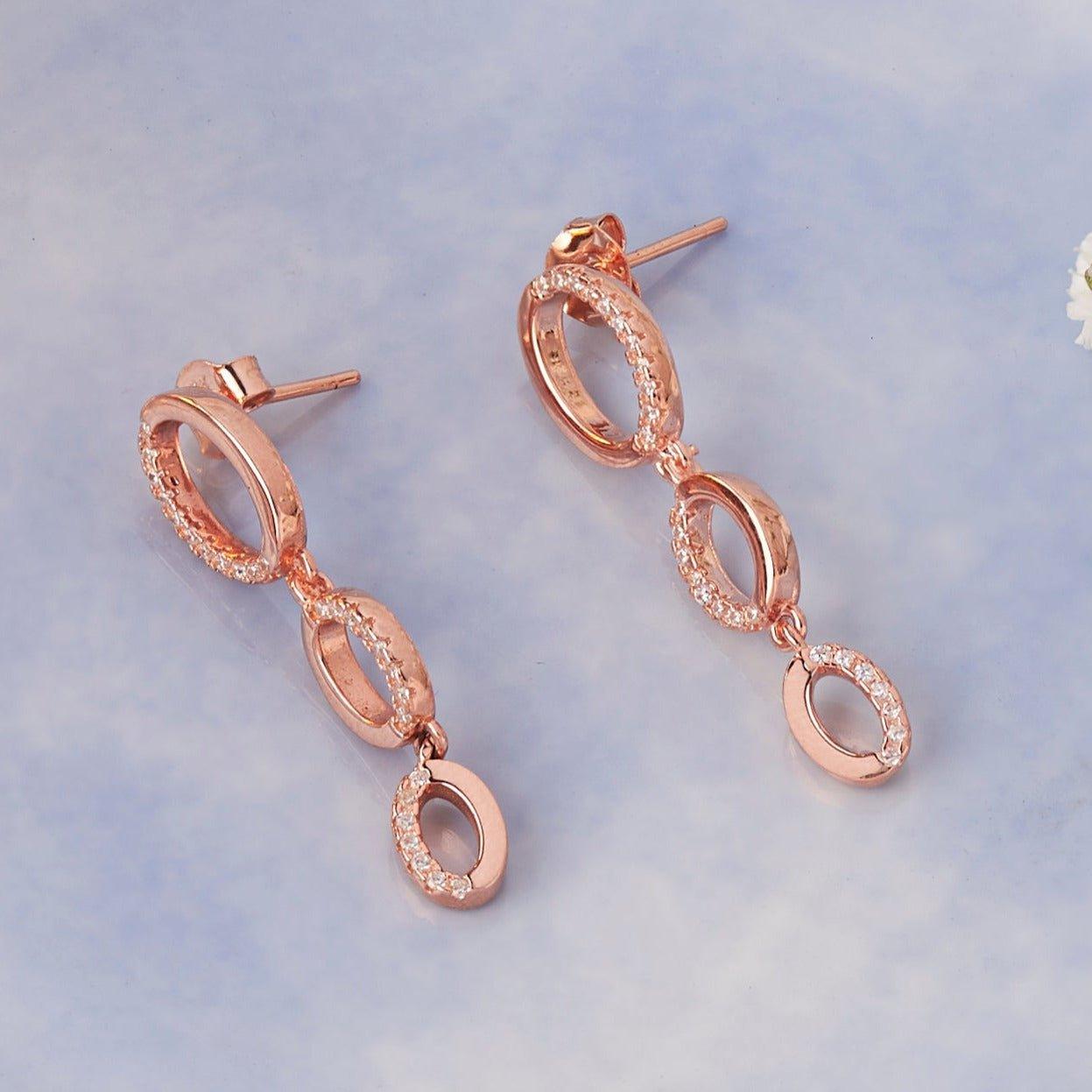 Rose Gold Oval Trio Zircon Earrings Dhanaza