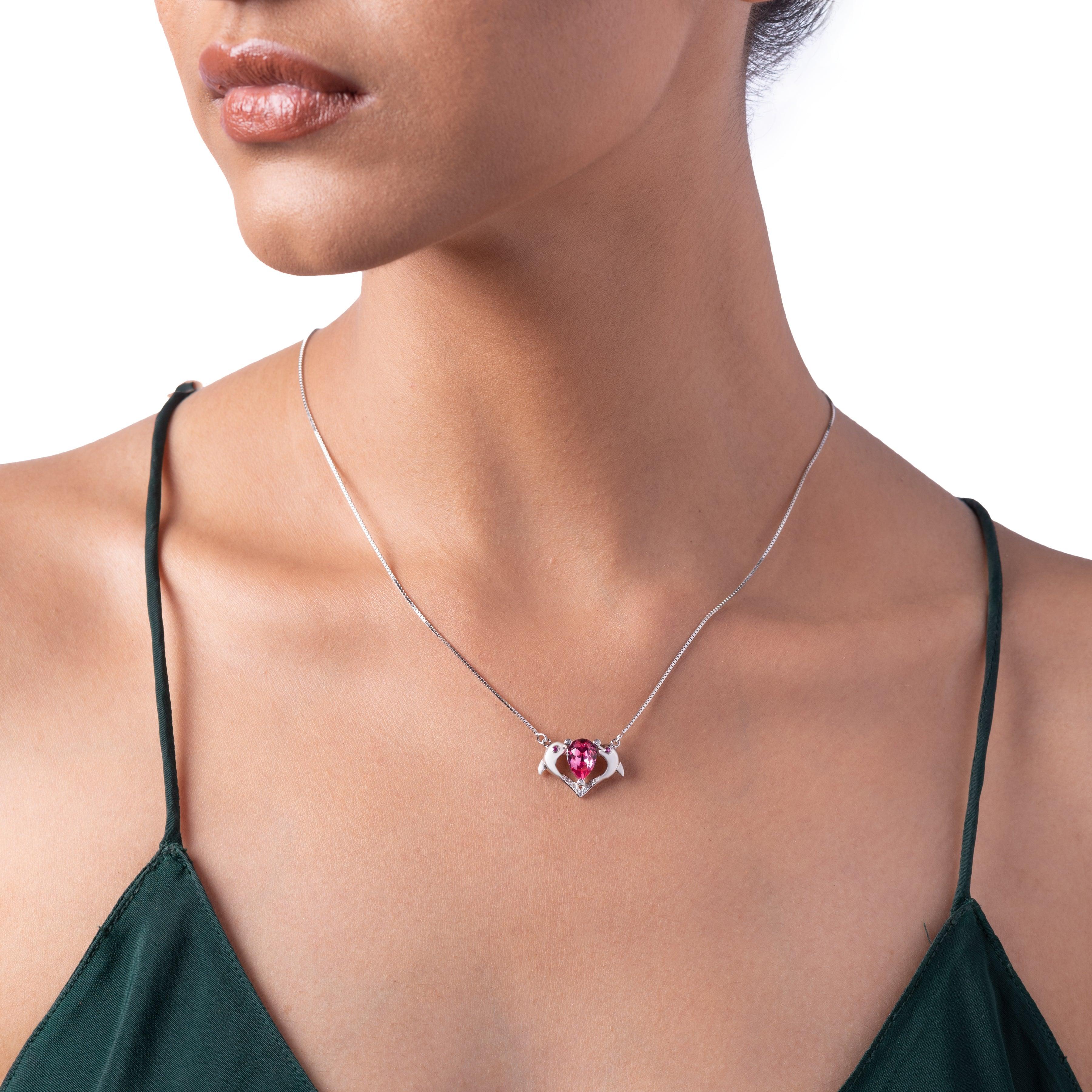 Silver Dolphin Crystal Heart Necklace Dhanaza