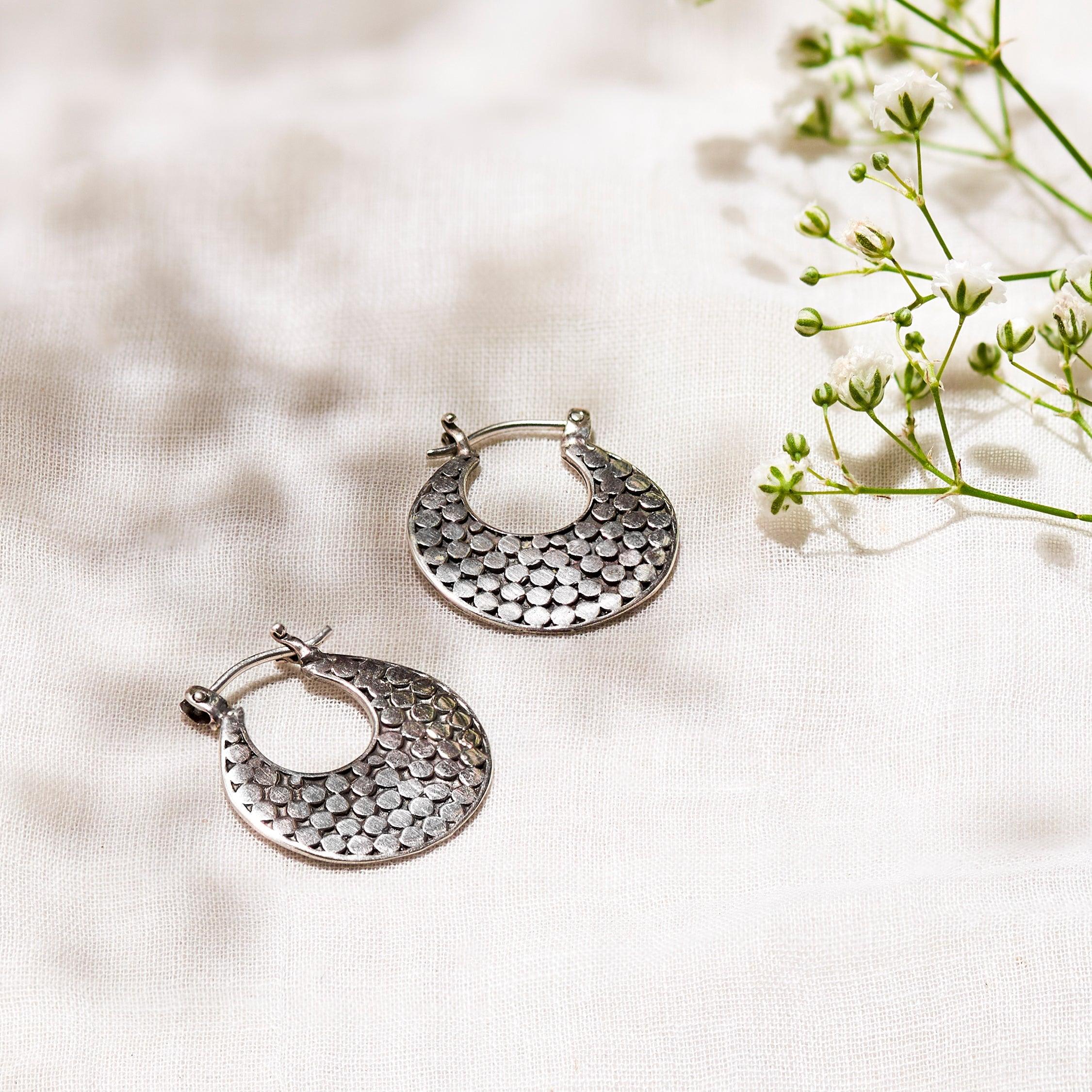 Silver Dotted Chaandbali Earrings Dhanaza