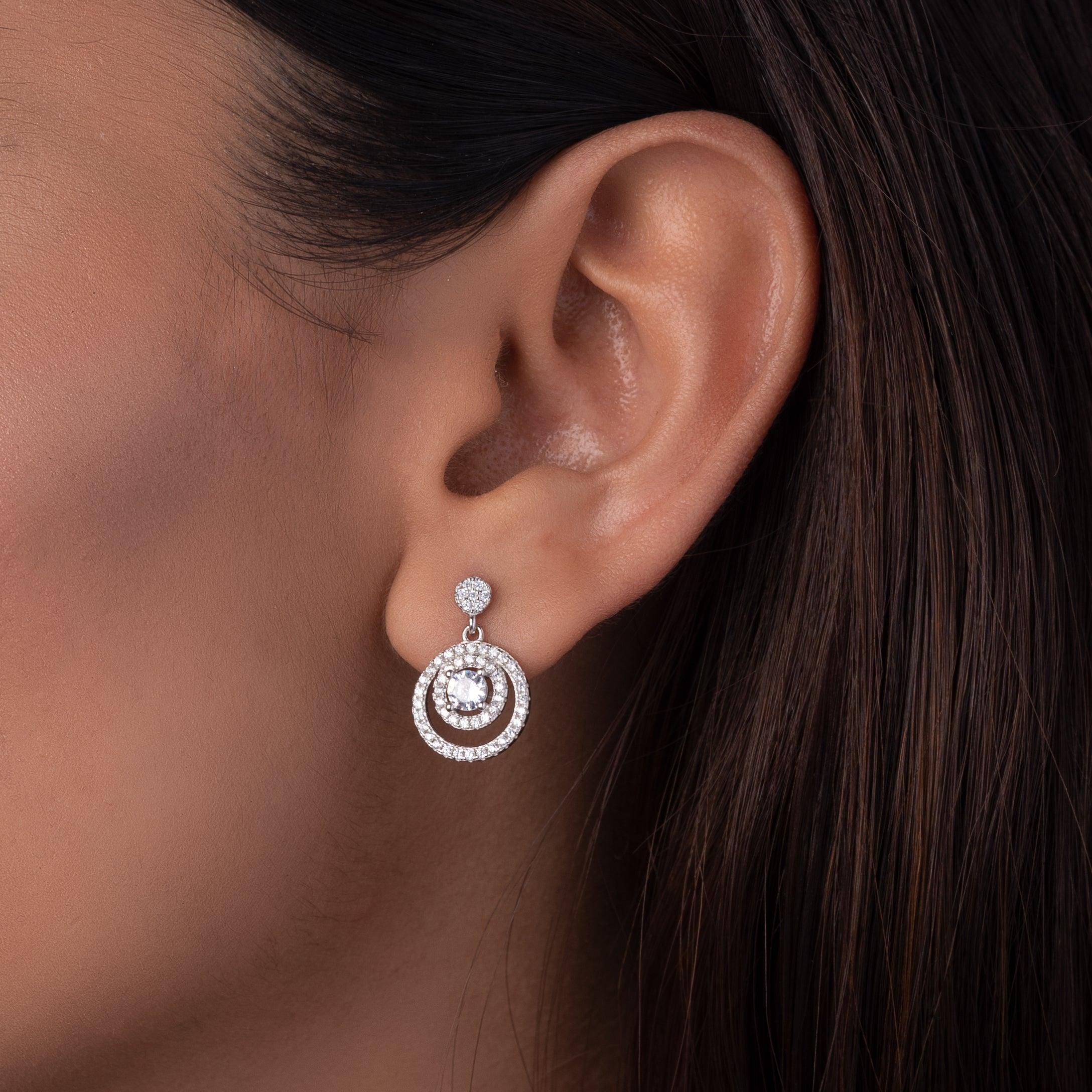 Silver Offset Zircon Rings Earrings Dhanaza