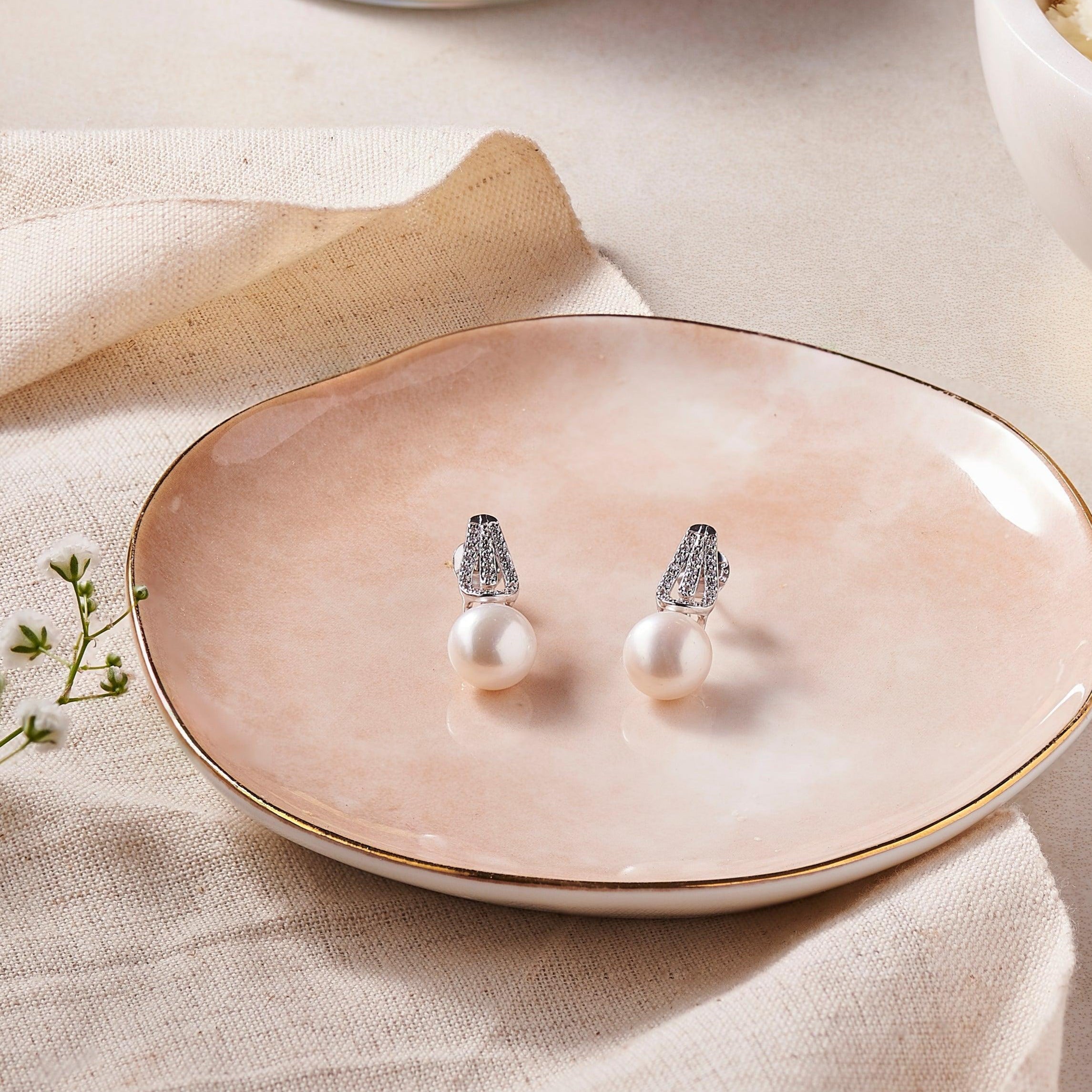 Silver Pearl Zircon Clip Earrings Dhanaza