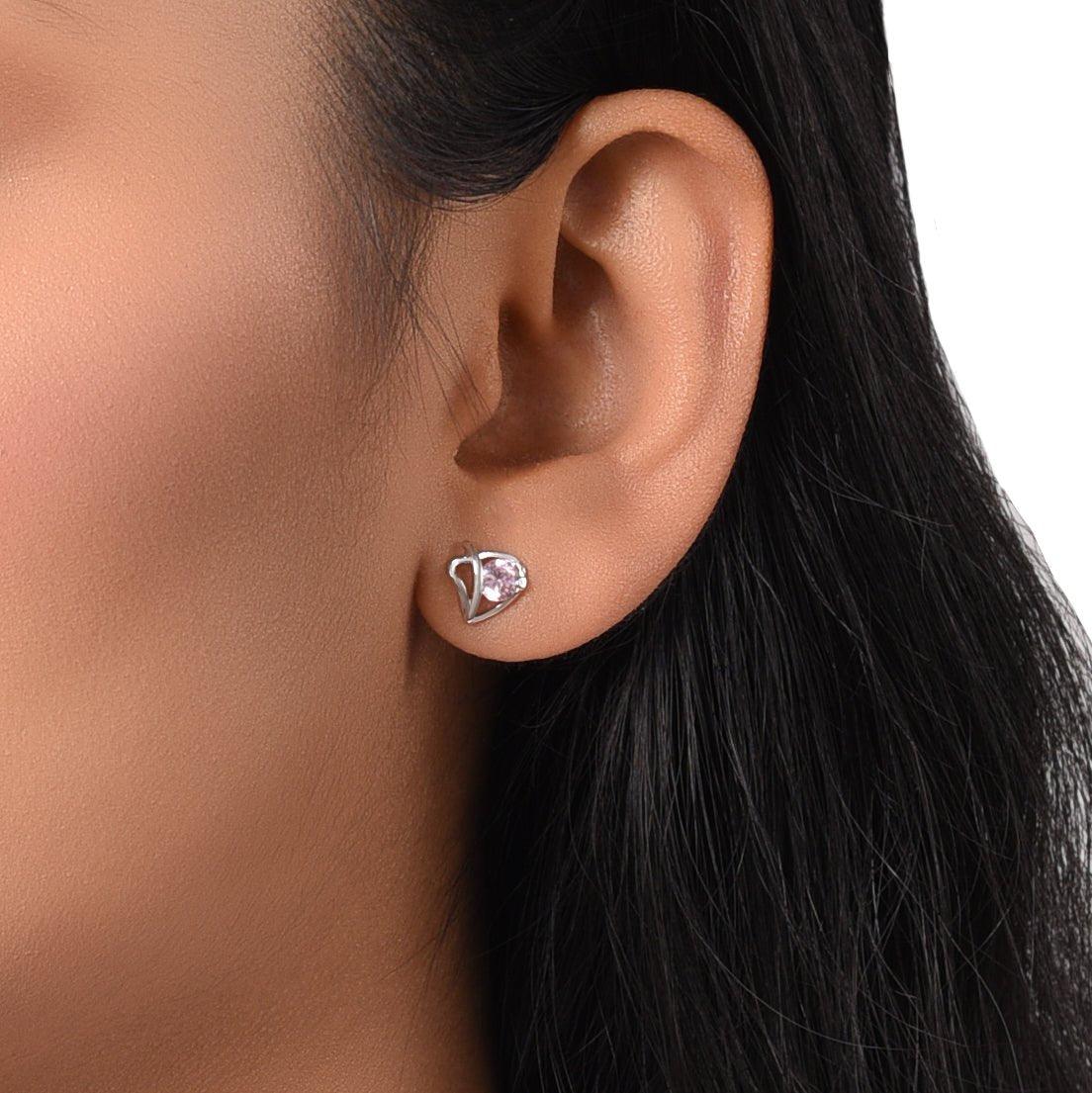 Silver Pink Crystal Leaf Studs (Earrings) Dhanaza