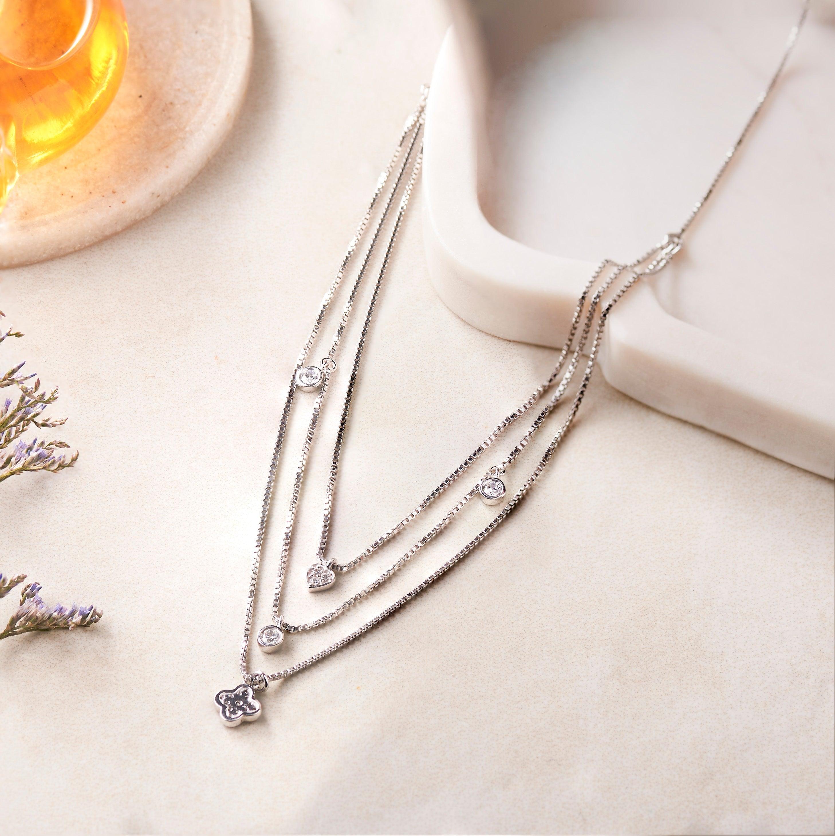 Silver Triple Charm Lines Necklace Dhanaza