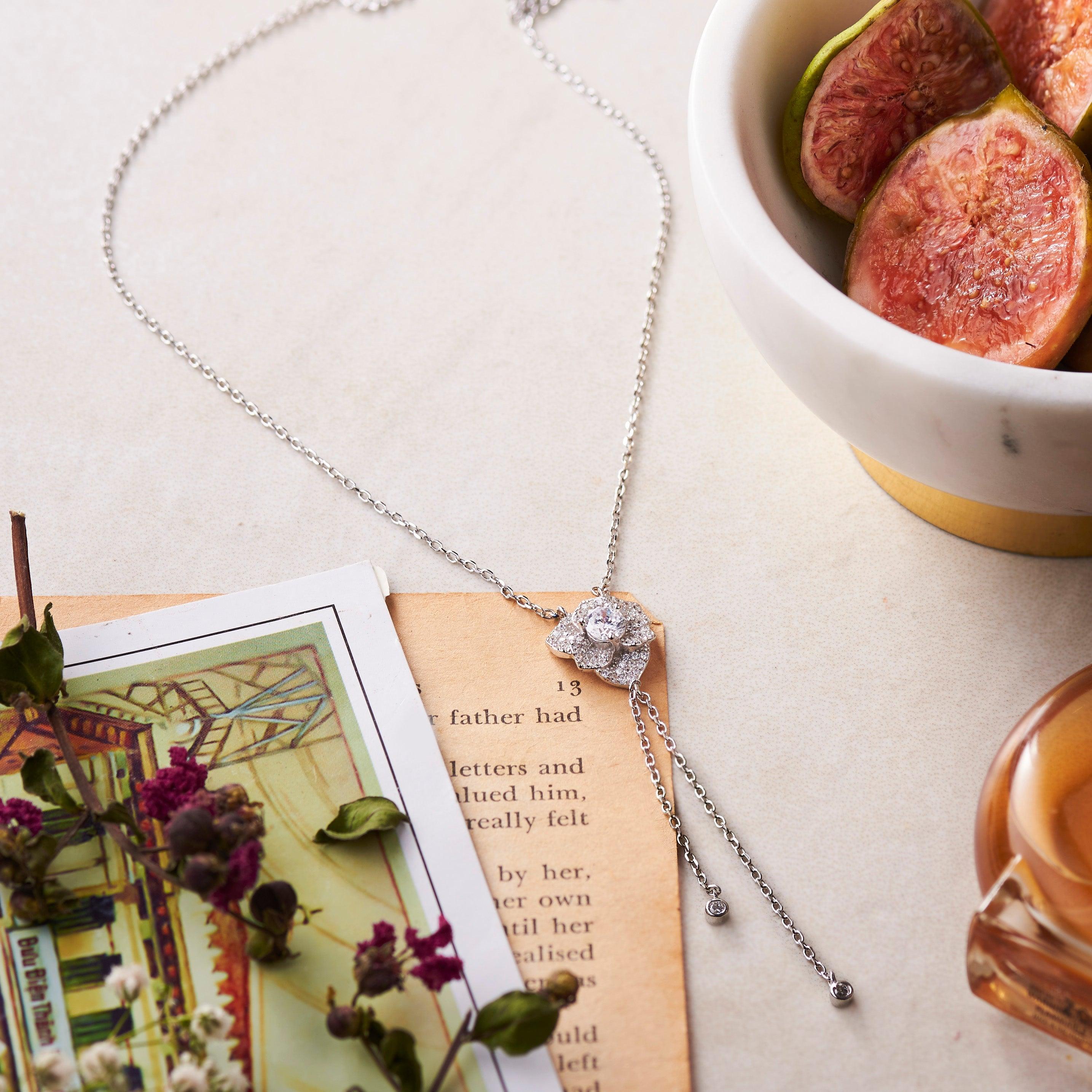 Silver Zircon Crocus Flower Necklace Dhanaza