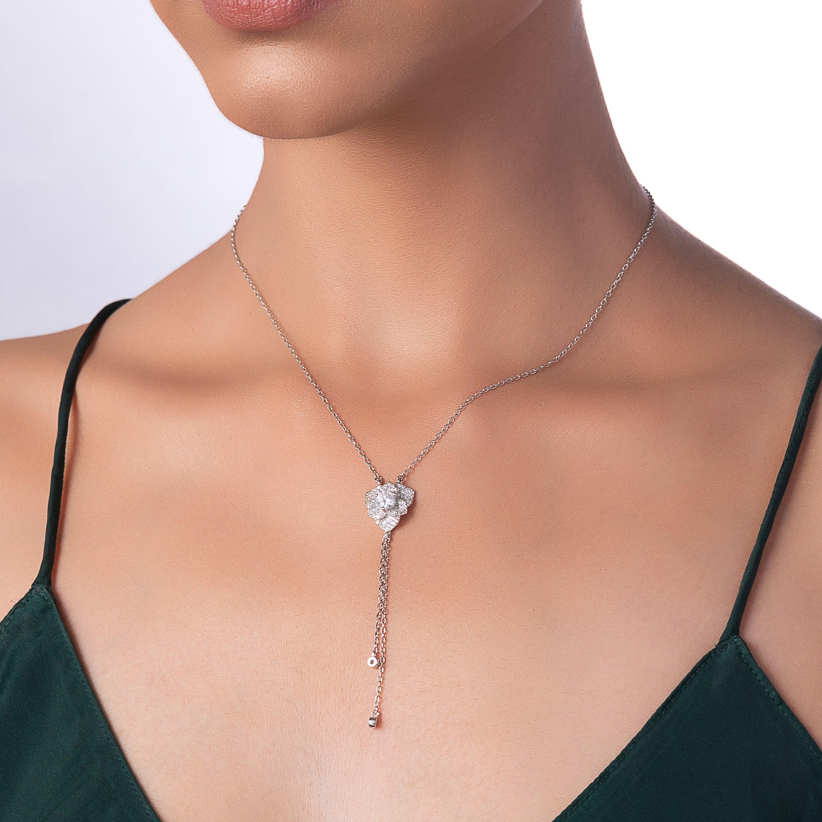 Silver Zircon Crocus Flower Necklace Dhanaza