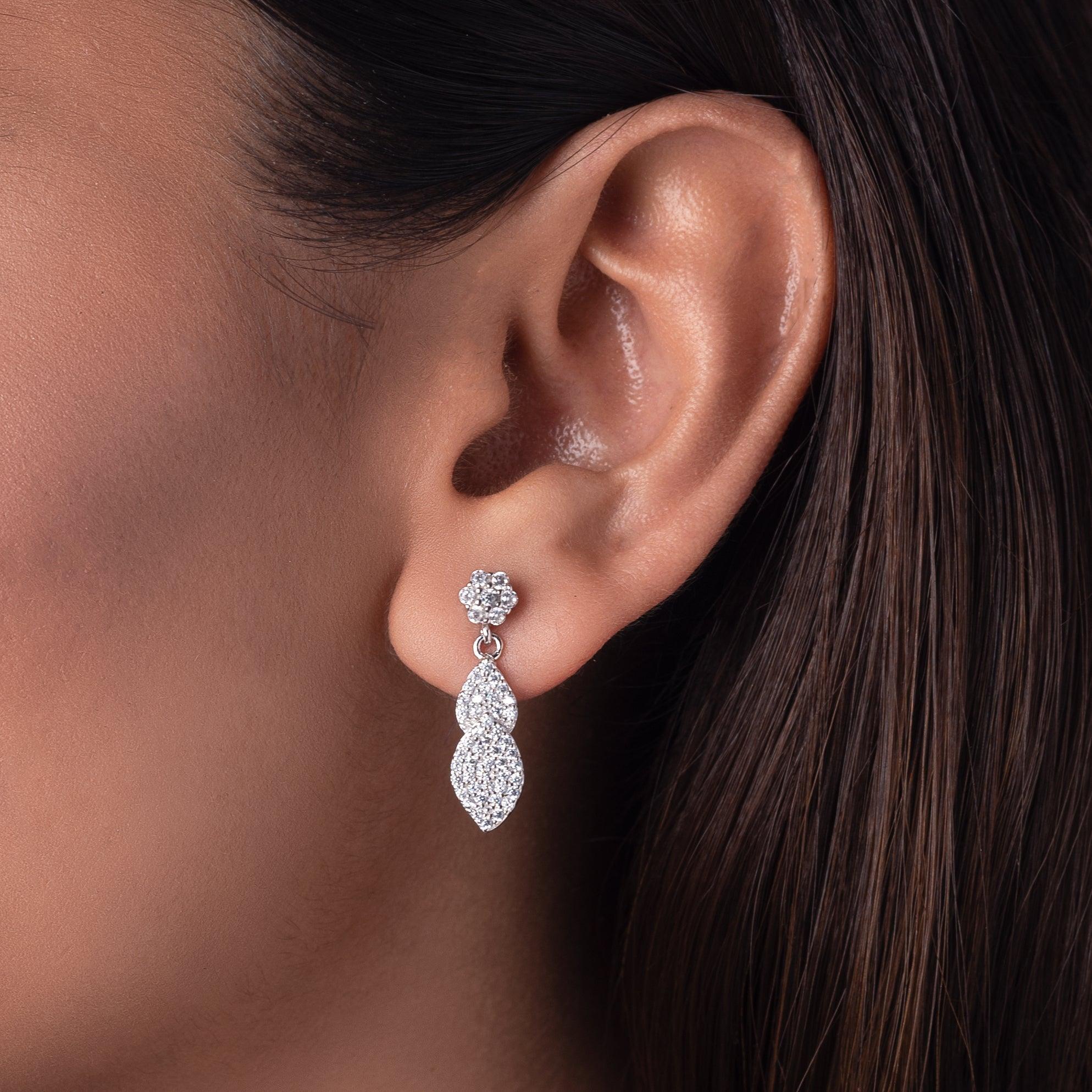 Silver Zircon Flowers 'n Leaves Earrings Dhanaza