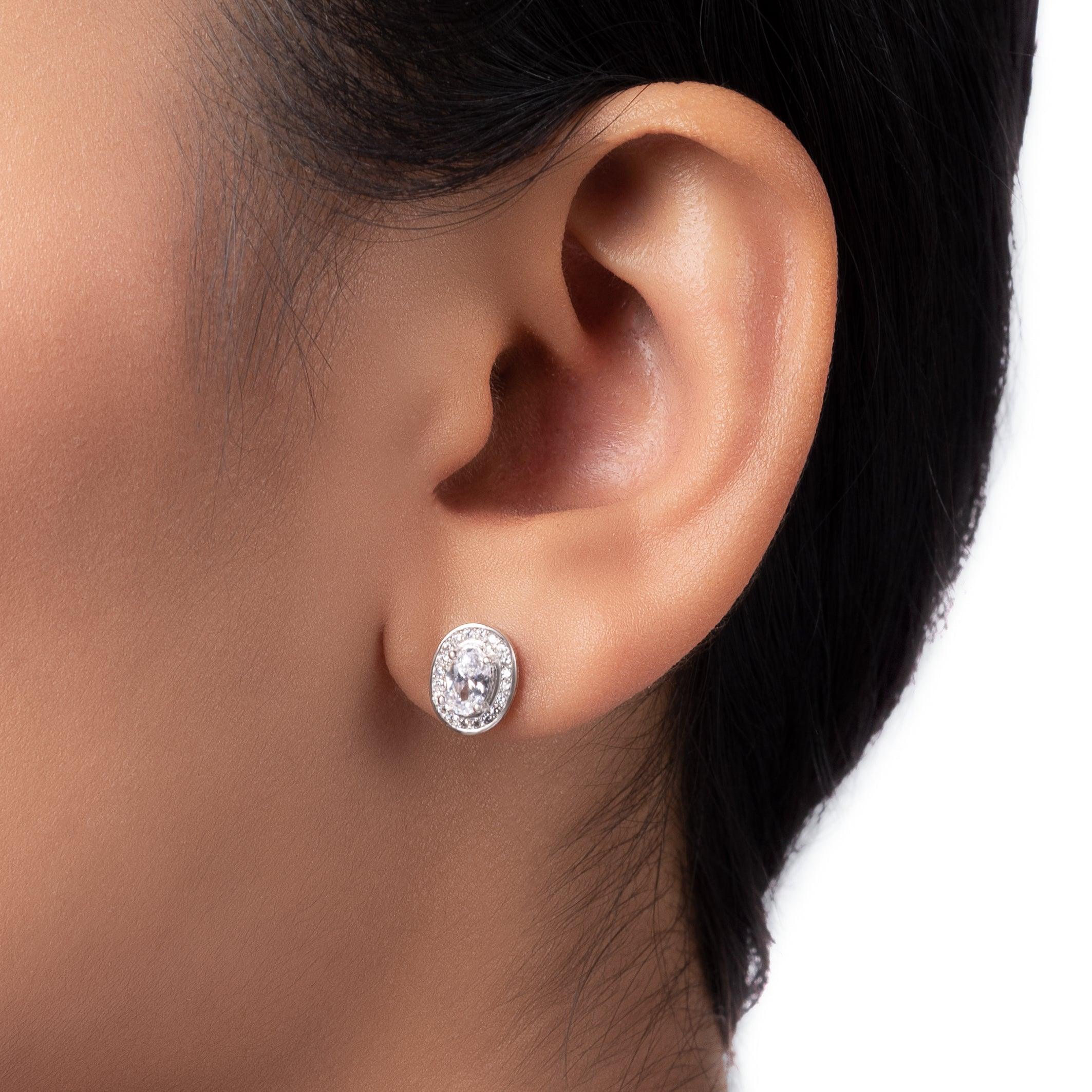 Silver Zircon Oval Halo Studs Dhanaza
