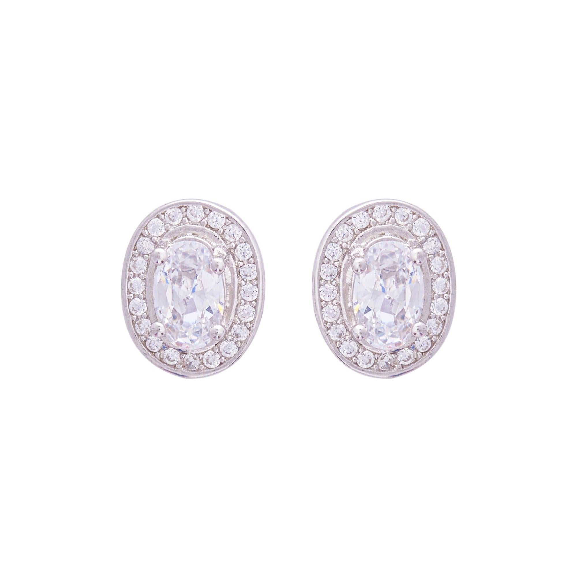 Silver Zircon Oval Halo Studs Dhanaza