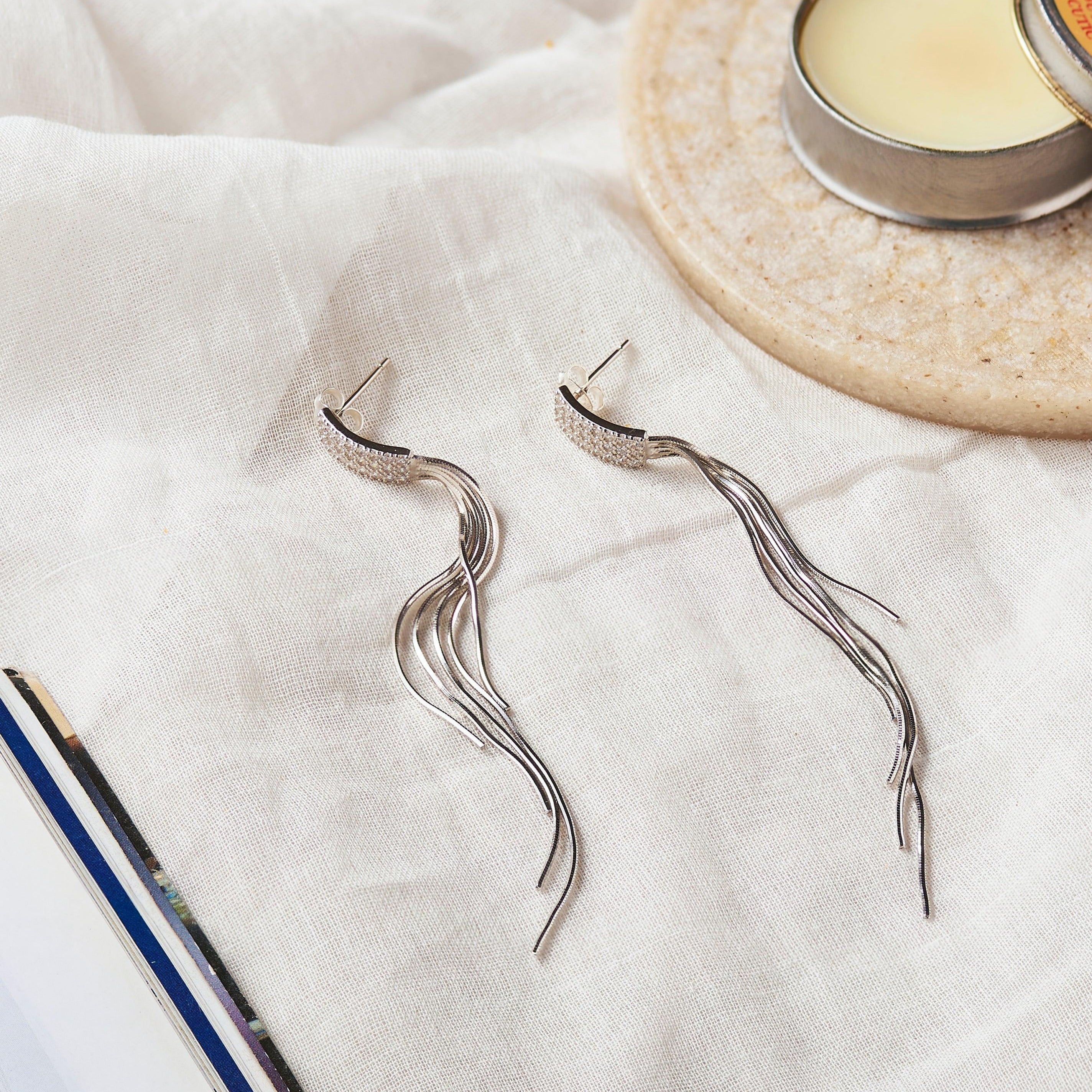 Silver Zircon Waterfall Earrings Dhanaza